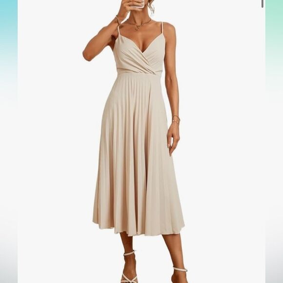 Ivory Pleated Midi Dress Med 8 10 - Picture 2 of 6
